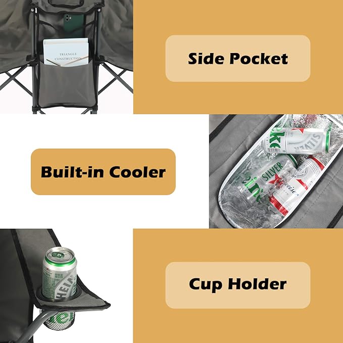 Double Folding Camping Chair W/Umbrella Fold Up Table Beverage Holder Carrying Bag Cooler for Patio Pool Park Outdoor Beach Picnic Portable (Grey)