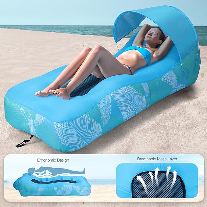 Inflatable Lounger Air Sofa with Sunshade for Adults Inflatable Couch with Mesh Back for Camping Sky Blue Feather