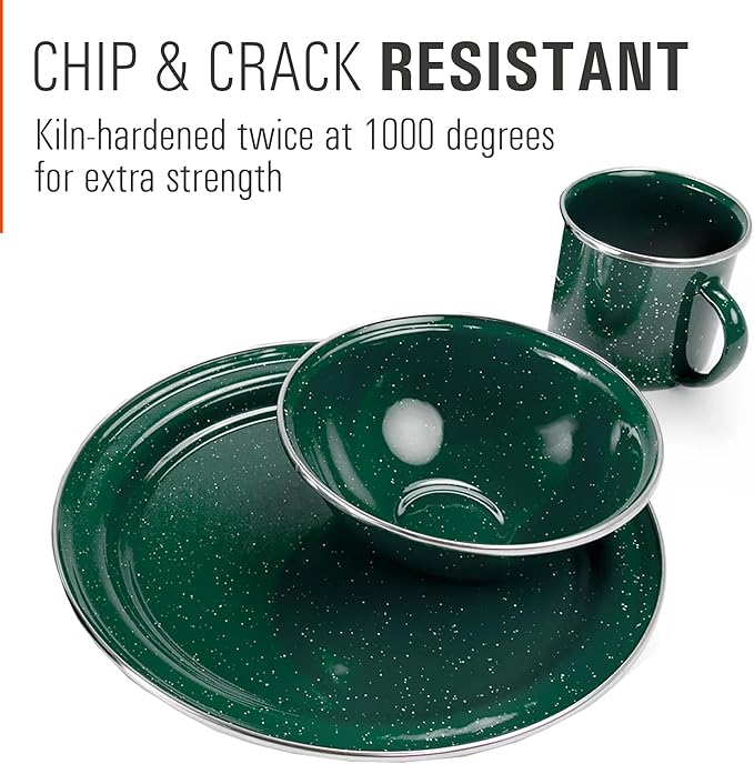 GSI Outdoors Pioneer Enamel 12 Pieces (4-Person) Dish Set I Enamelware Dishes Including Plates Bowls and Mugs for Camping Outdoors RV Camp Green