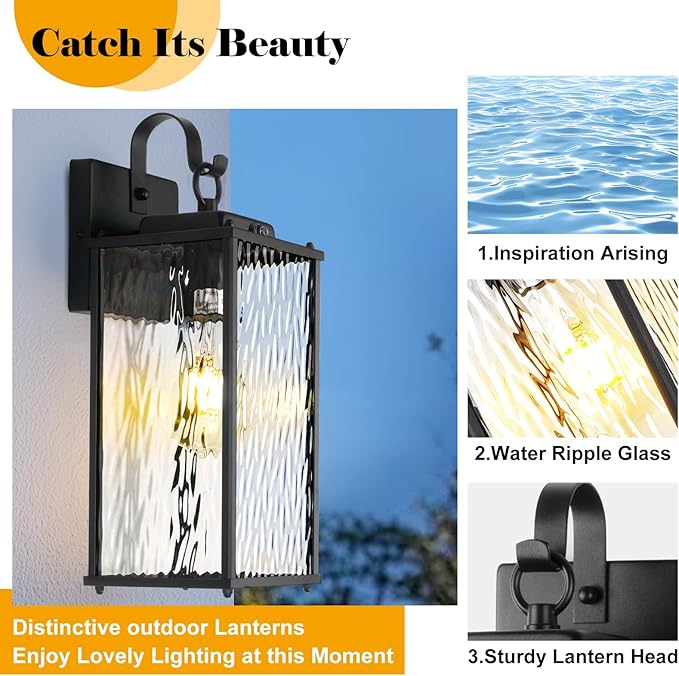 2-Pack Dusk to Dawn Outdoor Lighting with Water Ripple Glass IP65 Waterproof Matte Black Front Porch Lights Photocell Sensor Exterior Light Fixtures Outdoor Wall Sconces Coach Lights