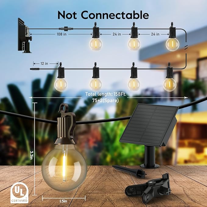 Minetom 158FT Solar String Lights Outdoor with Cable Ties and Hooks Commercial Waterproof Solar Powered Patio Lights with 75 LED Shatterproof Bulbs Hanging Light for Outside Backyard Garden Decor