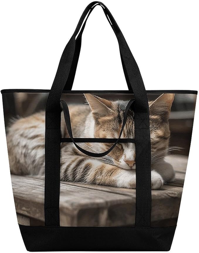 Insulated Shopping BagLarge Reusable Cooler Bags Cat Sleeping Printed Foldable Shopping BagTravel Waterproof Shoulder Bag