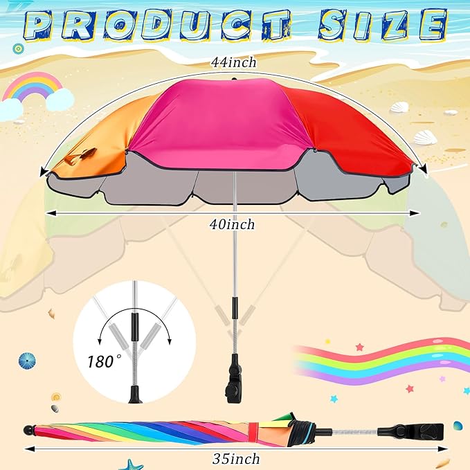 Buryeah 2 Pcs Automatic Chair Umbrella with Universal Clamp 44 UPF 50+ Portable Clamp on Beach Chair Adjustable Wheelchair Umbrella for Outdoor Patio Parasol