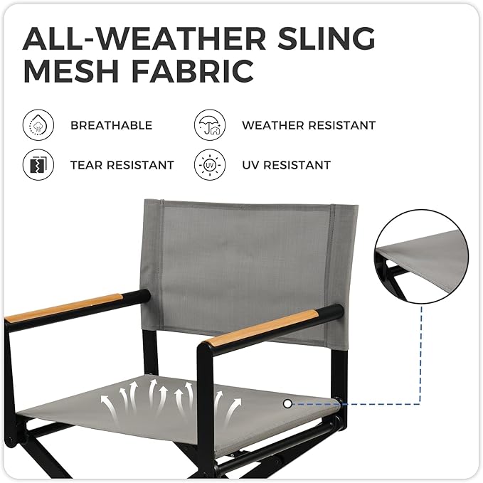 Grand patio Extra-Wide 4-Pack Directors Chairs Folding Dining Chair Set of 4 with Sling Woodgrain Armrests Outdoor Gray