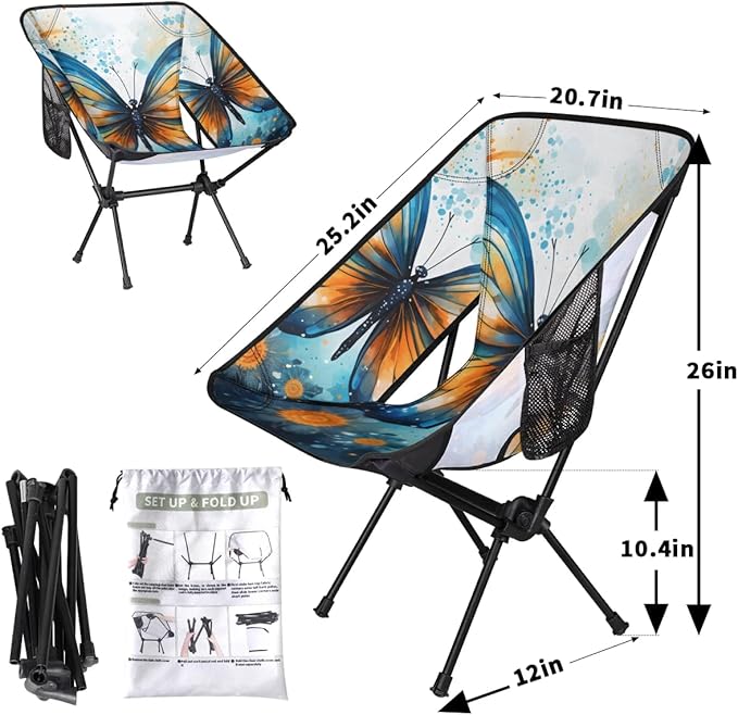 Portable Camping Chair Artistic Butterfly Ultralight Folding Camping Chair Gothic Butterfly Backpacking Hiking Chair with Cup Holder for Outdoor Travel Beach Picnic Festival 176 lbs Capacity