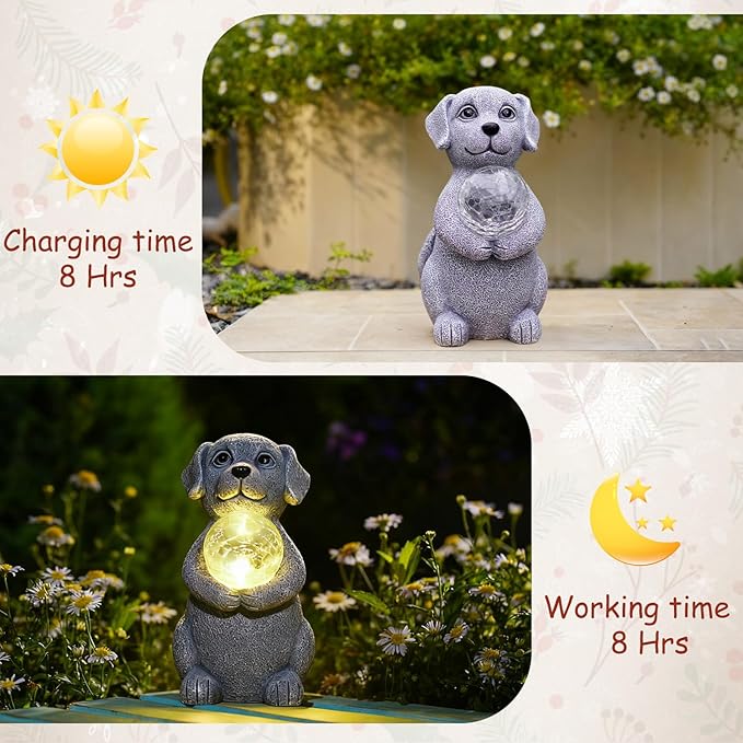 Dog Garden Statues - 8.4 Dog Decor with Gazing Ball LED Lights Unique Gifts for Mom Grandma Birthdays Outdoor Decor for Outside Lawn Porch Patio (Gray)
