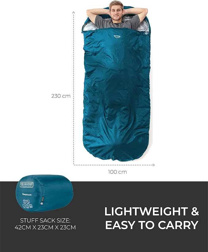 Highlander Sleephaven XL Adult Wide Tall Lightweight 2 Season Sleeping Bag Curved Pod Design - Perfect for Camping Hiking and Backpacking