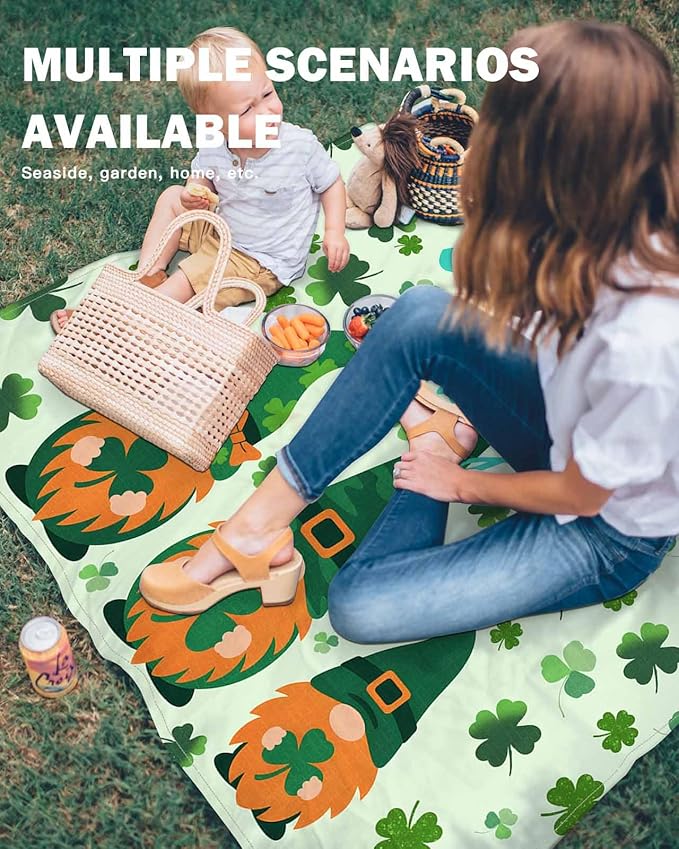 Beach Blanket Waterproof Sandproof OversizedHappy St. Patrick's Day Beach Mat with Corner Stakes Sand PocketsDwarves Four Leaf Grass Outdoor Picnic Mat for Travel Camping Hiking118x108In