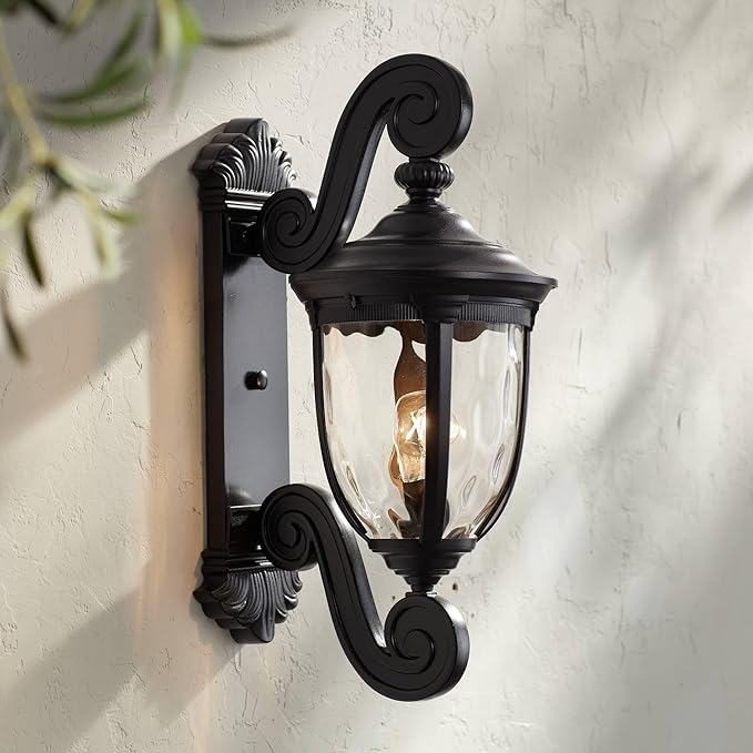 John Timberland Bellagio European Outdoor Wall Light Fixture Texturized Black Dual Scroll Arm 24 Clear Hammered Glass for Exterior House Porch Patio Outside Deck Garage Front Door Garden Home