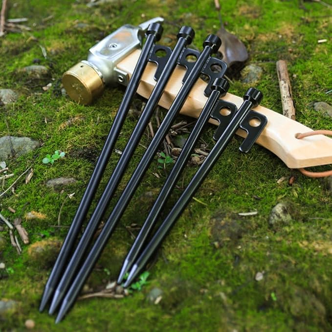 Camping Tent Stakes Steel Sand Pegs Set with 4 Heavy-Duty 25cm Metal Ground Stakes and Carry Bag for Outdoor Camping Beach and Wind-Resistant Tent Fixing Equipment