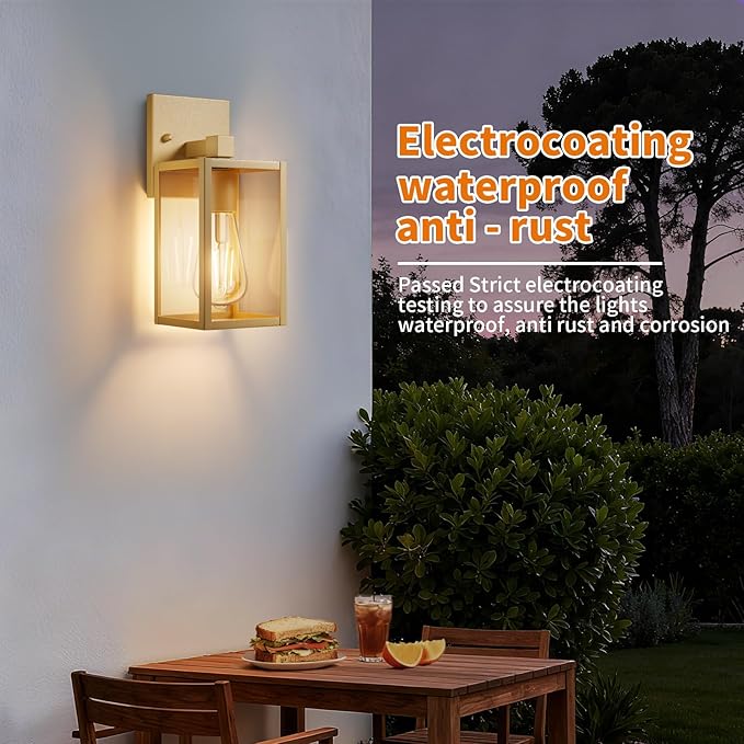 Outdoor Light Fixtures Wall Mount Waterproof Front Porch Lights Modern Exterior Lighting Fixtures with E26 Socket Gold Wall Sconces Lantern Lamp Outside Lights for House Garage Patio (2 Pack）