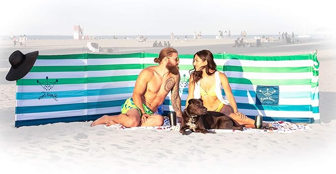 Premium 20 ft Beach Windscreen Privacy Screen Wind Blocker - Emerald Blue Free Rubber Mallet and Carry Bag Included