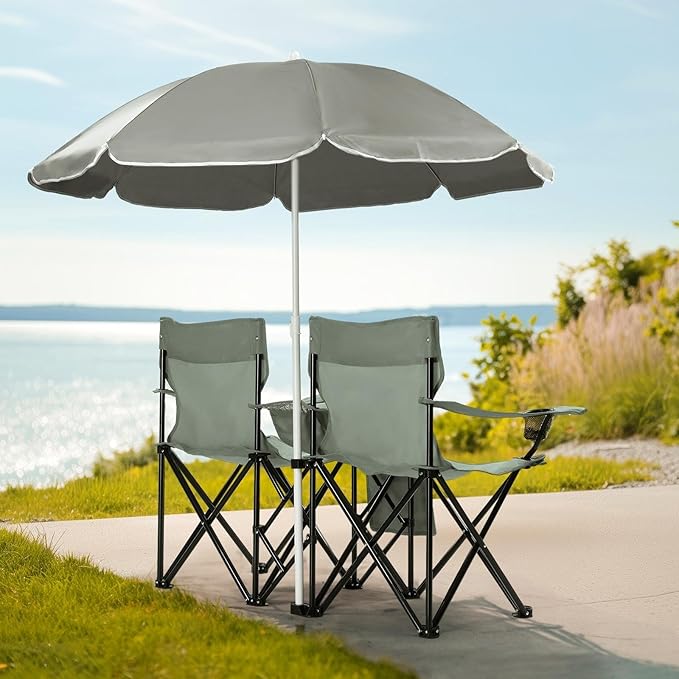 Double Camping Chair with Umbrella Portable Folding Beach Chairs Cup Holders Gray