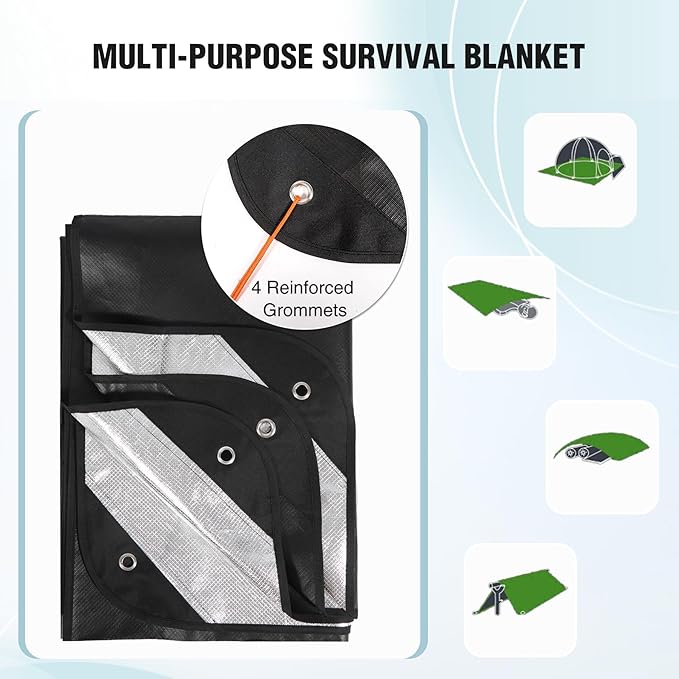 RedSwing 2 Pack Heavy Duty Waterproof Emergency Thermal Tarp Insulated Survival Blanket for Outdoor Camping Hiking and Emergency Shelter Black