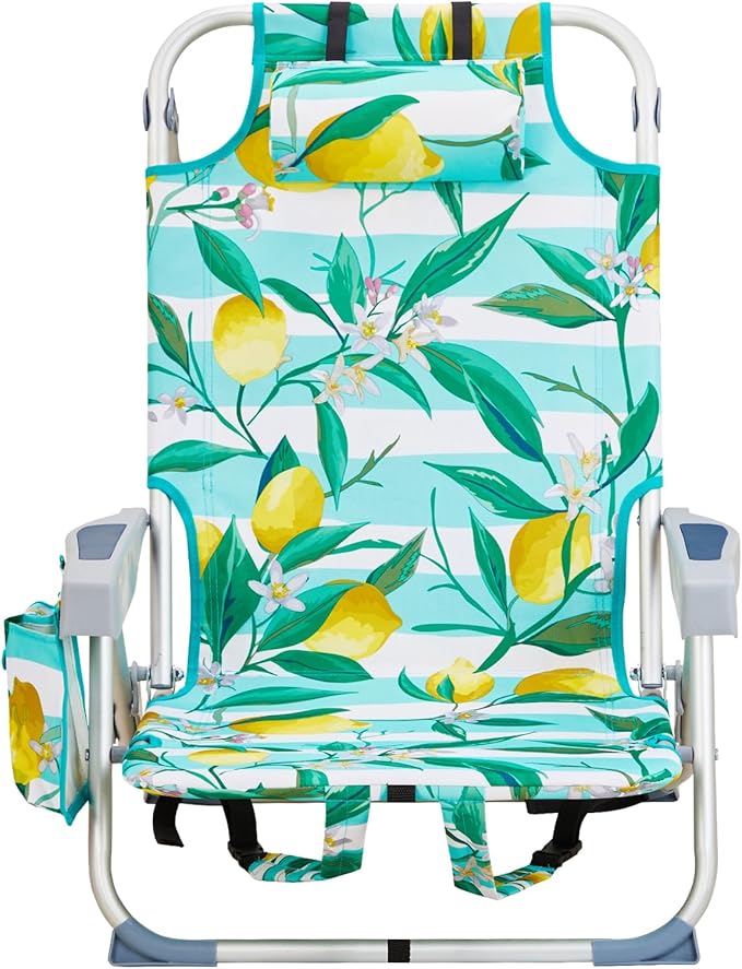 Portable Lightweight Folding Chair for AdultsOutdoor Low Beach Lawn ChairsPortable Backpack Foldable Camping ChairFolding Beach Chairwith Cup Holderfor Patio Pool Yard Garden (Lemon)