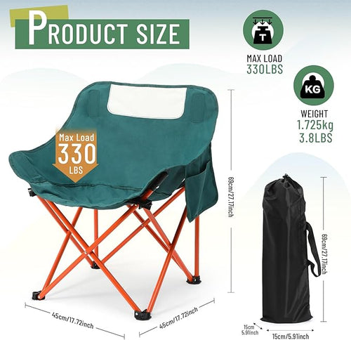2 Pack Compact Camping Chairs Portable Folding for Outside with Carry Bag Lightweight Moon Chairs for Travel Picnic Hiking Beach Fishing 600D Oxford Supports 330lbs(Green)