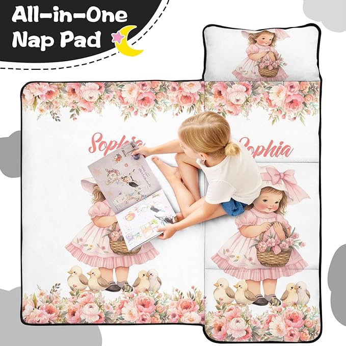 Custom Toddler Nap Mat with Name – Personalized Sleeping Bag for Kids with Pillow and Blanket Roll-Up Design