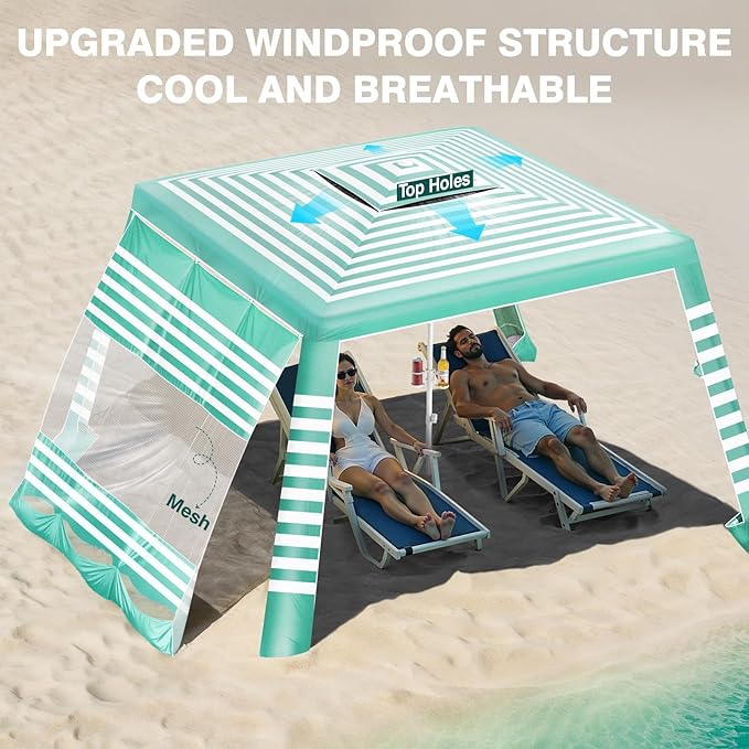 Rhino Valley Beach Cabana 8 * 8FT Beach Tent UPF50+ Protection Easy Setup Beach Canopy Wind Resistant with Cup Holder Compact Beach Shade Foldable Beach Tent Sun Shelter Green White