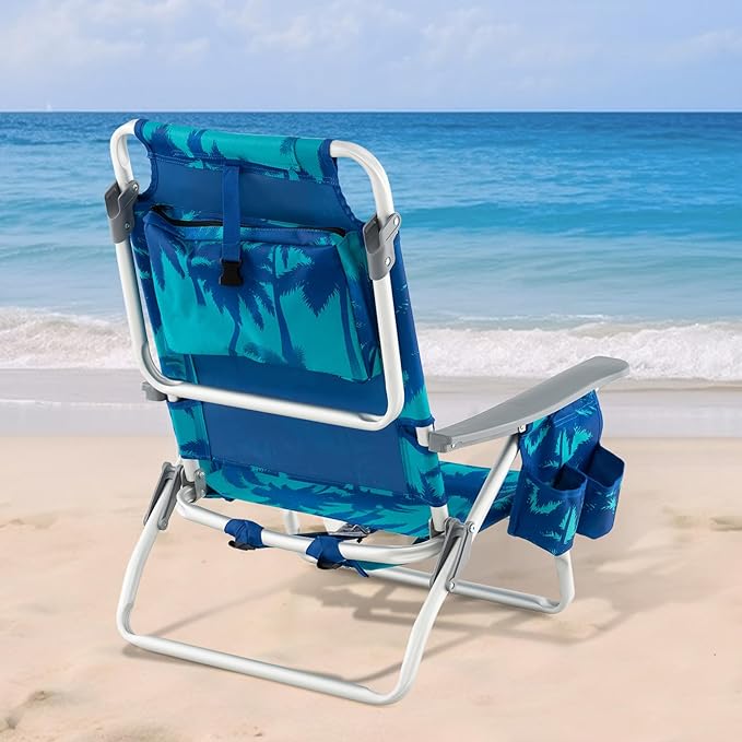 GYMAX Beach Chairs Backpack Camping Chair with Armrest Cooler Bag Cup Holder Towel Bar &amp Side Pockets Sunbath Sling Tanning Lounge Folding Layout Chair (4 Chairs Without Table Coconut Tree)