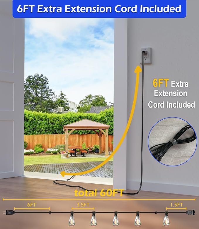 luckystyle 60FT LED Outdoor String Lights with 16+1 Edison Shatterproof Waterproof Bulbs 2700K Commercial Grade Patio Lights Heavy Duty Outside Hanging Outdoor Lights for Garden Porch Deck Decor