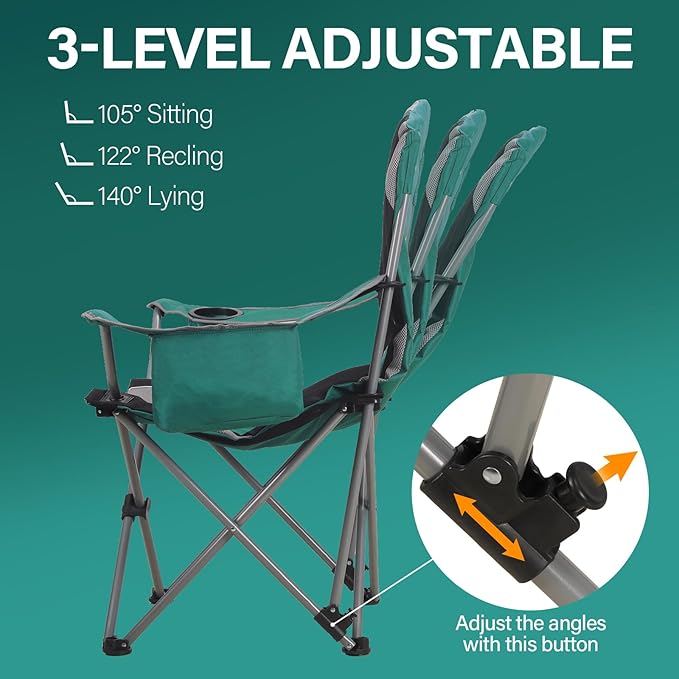 2 Pack Camping ChairsOversized Folding Lawn Chairs for Adults w/3 Levels Adjustable Angled BackrestCup HoldersCooler BagHeavy Duty Camp Chair Support to 400lbsPortable for Outdoor