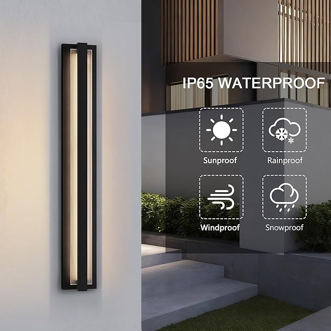 LamQee 39.3 Aluminum Long Outdoor Modern LED Wall Lights with Ribbed Glass 2900K 3000LM Linear Exterior Lighting Fixture Wall Mount IP65 Waterproof Black Outside Sconce for House Porch Garage Patio