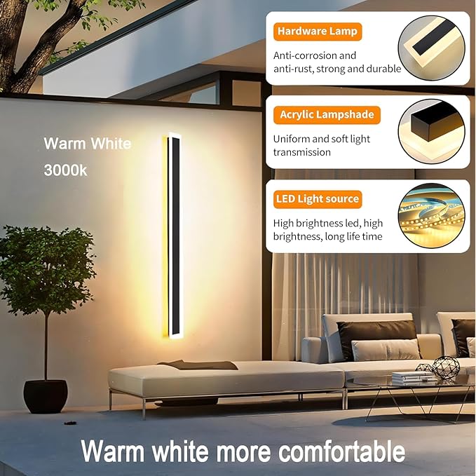 59inch-2Pack Long Outdoor Modern LED Wall Light45W Waterproof IP65 Warm White 110V led Wall Mount Lighting Fixture Rectangular Black Wall Lights Elegant Frosted White Acrylic Anti Rust