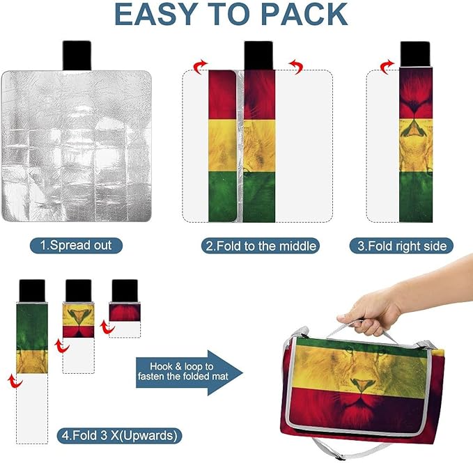 Jamaican Flag Rasta Lion Waterproof Outdoor Picnic Blanket Sandproof Beach Mat for Camping Hiking Grass Travelling