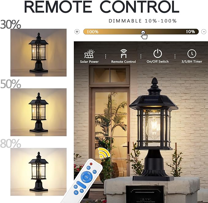 Emliviar 16 Inch Outdoor Solar Post Light Dusk to Dawn Pier Mount Lamp Post Light with Remote Control Black Finish with Seeded Glass Shade A2202110P1-SL BK