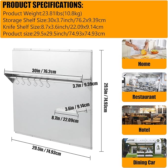 30x30 Stainless Steel Range Backsplash for Stove Hood Wall Mount Panel with Storage Shelf &amp Knife Rack Commercial Backsplash Shield Pre-Drilled Holes for Easy Installation