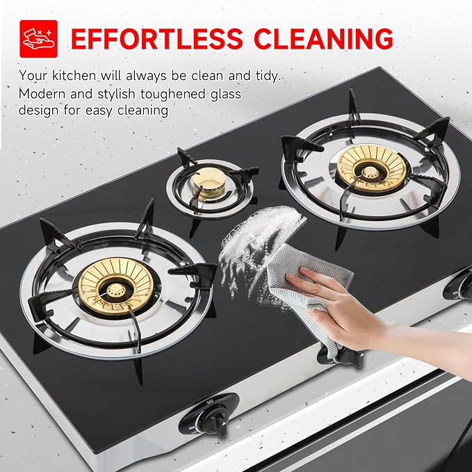 Propane Gas Cooktop3 Burners Gas Stove portable 0.28Tempered Glass Auto Ignition Camping 3 Burner LPG for RVApartmentsOutdoor