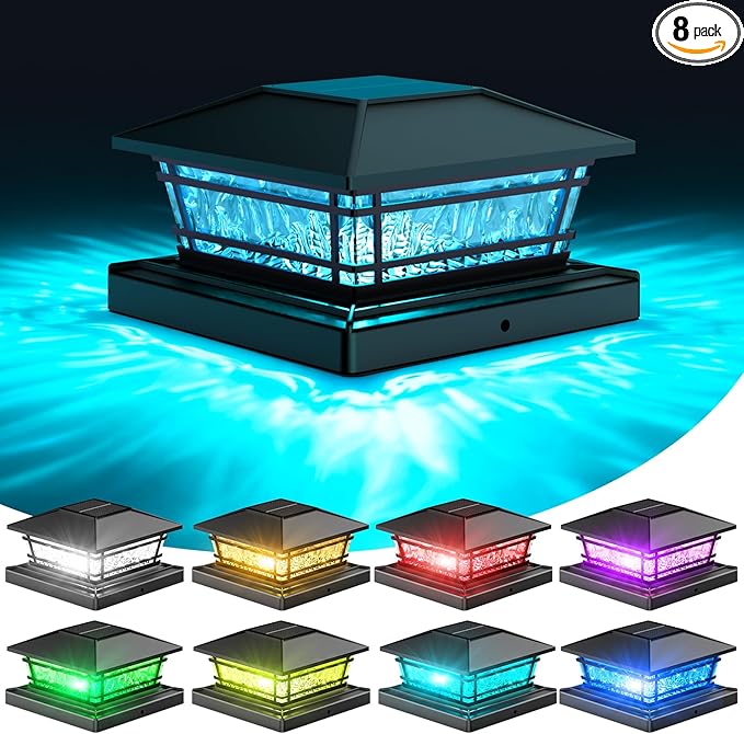 Solar Post Cap Lights with 8 RGB Solid Colors &amp Color Changing 8 Pack Fence Post Solar Lights for Garden Patio Porch Waterproof Deck Post Lights for 4x4 5x5 6x6 Vinyl/Wooden Posts Black