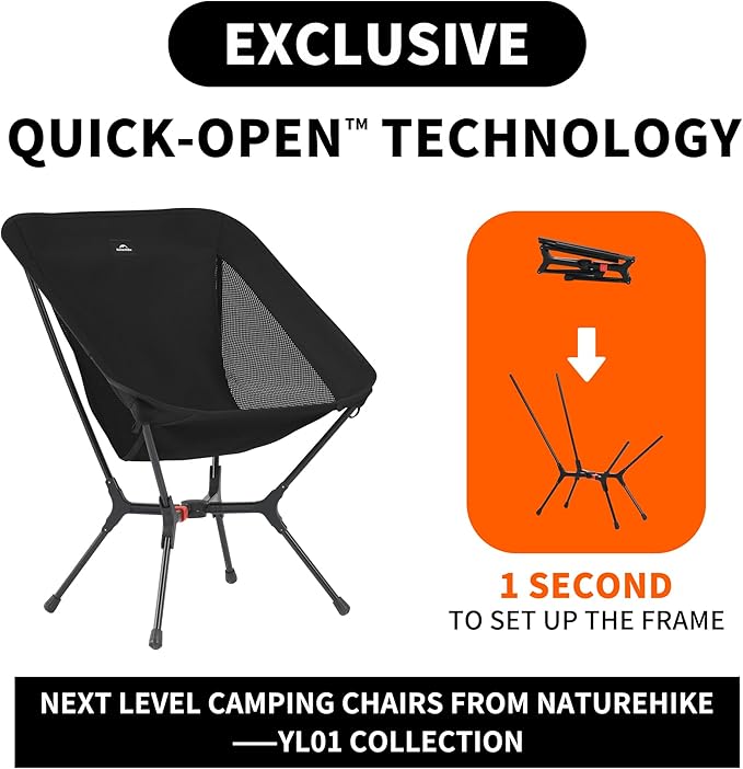 Naturehike YL01 Snap Camping Chair 1 Second Setup Frame 441lb Capacity Camp Chair Portable &amp Lightweight Backpacking Chair