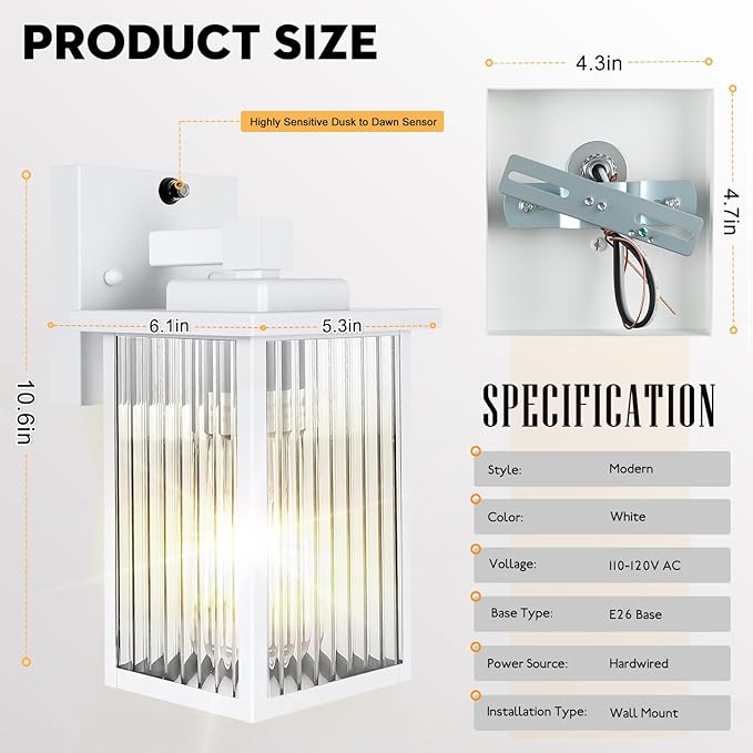 Outdoor Wall Lights for House Exterior Dusk to Dawn Porch Lights Outdoor Waterproof Matte Black Front Door Light Fixture &amp Garage Lighting with Wall Mount Sconce(White)