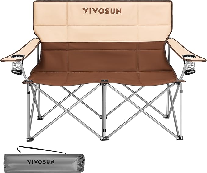 VIVOSUN [outlets] Double Camping Chair Fully Padded Folding Loveseat Portable Oversized Duo Chair with Storage Cup Holders Height-Adjustable Armrests &amp Carry Bag Supports up to 500lbs