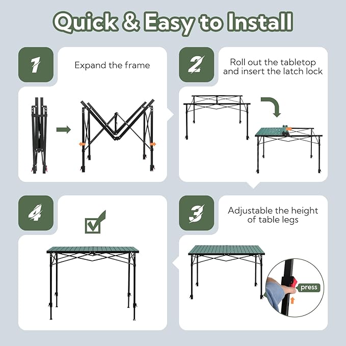 Portable Outdoor Adjustable Height Camping Table Large for 2-6 Person Foldable Roll-up Aluminum Camp Table with Carry Bag for Picnic Camp Sturdy Stable Loads 220 Lbs (Green)