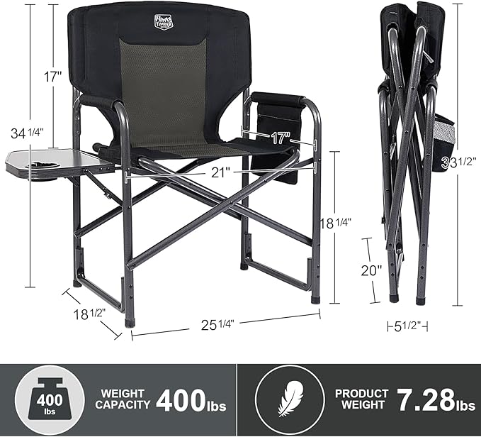 TIMBER RIDGE Aluminum Oversized Camping Chair Lightweight Portable Directors Chair with Side Table Detachable Side Pocket for Outdoor Camping Lawn Picnic Support 400lbs Black