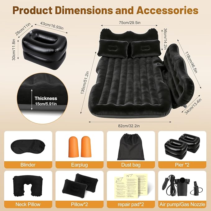 Inflatable Car SUV Air Mattress Back Seat Bed with Air PumpPortable Thickened Car Travel Camping Sleeping Air Mattress Blow Up Bed for Car Universal SUV