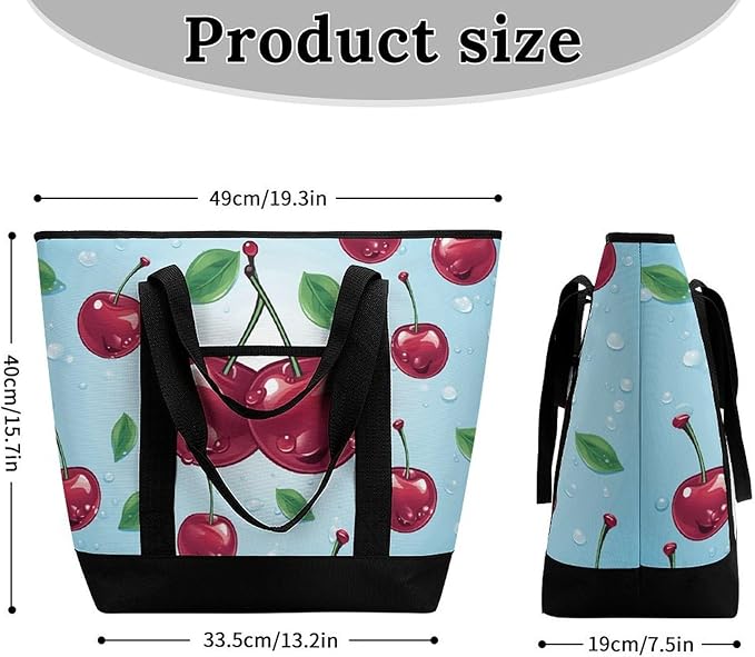 Insulated Shopping BagLarge Reusable Cooler Bags Cherry Printed Foldable Shopping BagTravel Waterproof Shoulder Bag