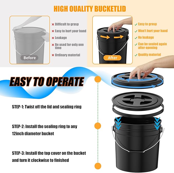 4 Pieces 5 Gallon Black Bucket Lids 12inch Leak-proof Plastic Seal Screw Top Airtight Lids Reusable Drum &amp Pail Seal Lid for Pet Food Storage Home Paint Storage and Industrial Storage Buckets
