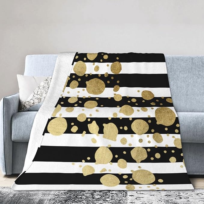 80X60 Faux Gold Paint Splatter On Black &amp White Stripes Lightweight Flannel Blanket - Soft and Breathable Polyester Suitable for Travel Camping and Home Decoration