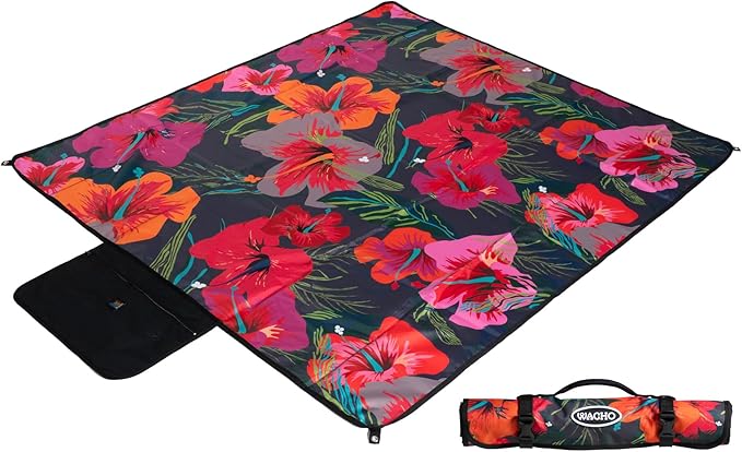 Wacho Waterproof Picnic Blanket – Large Sandproof Outdoor Mat with Carry Bag for Beach Camping Park &amp Travel Foldable Lightweight Easy to Clean &amp Portable Ground Cover for Families–Hibiscu