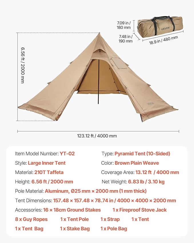 VEVOR Hot Tent Camping Tipi Hot Tents with Stove Jack Portable Winter Camping Tents with Snow Skirt Easy Setup Waterproof 4 Season Shelter Tents for Fishing Backpacking