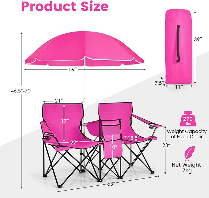 KOTEK Double Camping Chair Folding Camp Chair with Removable Umbrella Cup Holders Cooler Bag Side Pocket &amp Carry Bag 2-Person Beach Chair for Outdoor Sports Concerts Travel Picnic (Pink)