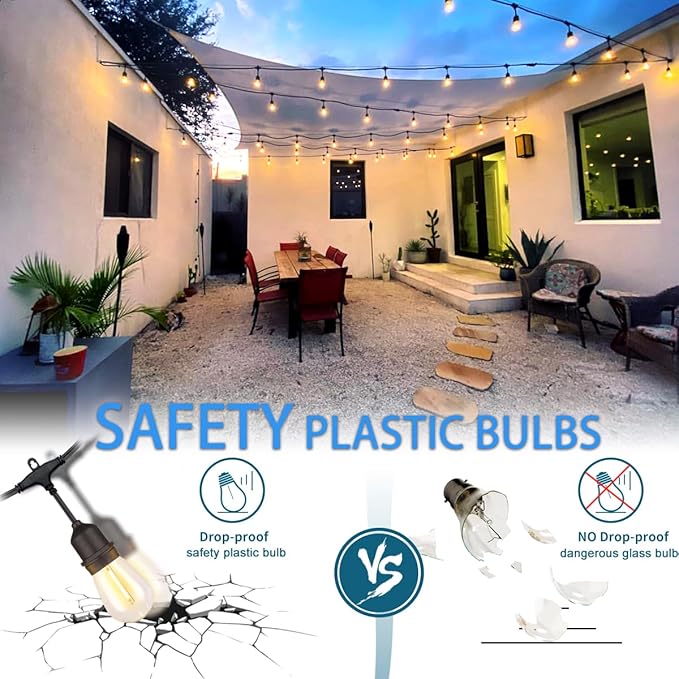 24 Feet Outdoor String Lights | IP65 Waterproof with 13 Shatterproof LED Bulbs | Warm White Patio Lights for Garden Cafe &amp Wedding - 5-Minute Tangle-Free Setup with Hooks