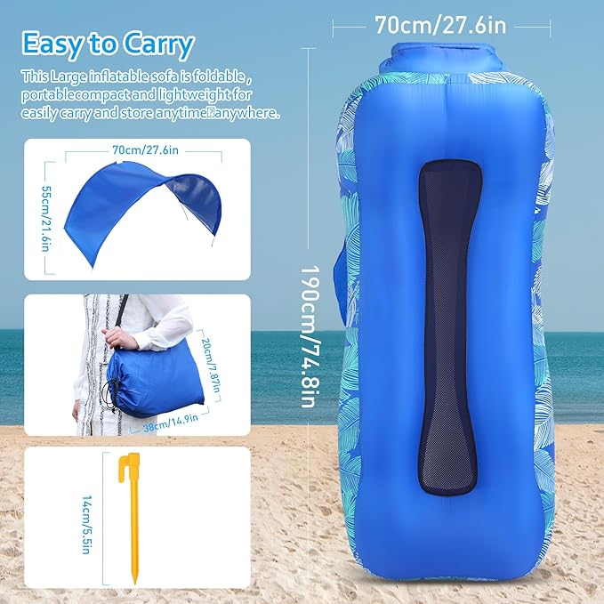 Inflatable Lounger Air Sofa with Unique Sun-Shade Design Inflatable Beach Bed with Pillow Waterproof Inflatable Couch Camping Chair Hammock for Hiking Backyard Travel Beach Park Picnics