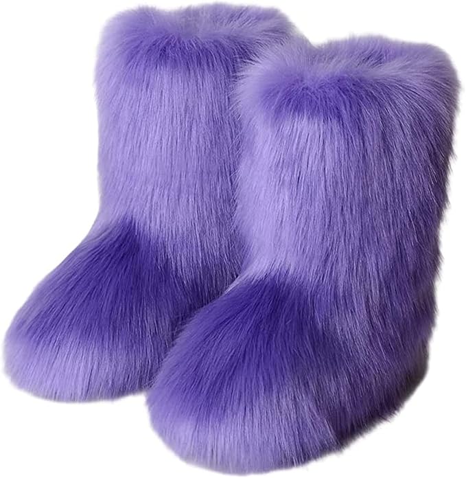 Womens Furry Faux Fur Booties Winter Warm Snow Ankle Boots Fuzzy Fluffy Furry Mid Calf Boots Outdoor Comfy Flat Shoes