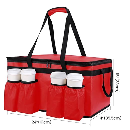 musbus Insulated Food Delivery Bag with Cup Holders/Drink Carriers Premium XXL Great for Beverages Grocery Pizza Commercial Quality Hot and Cold Red-bt 23W * 14D* 15H cup sleeve insulation