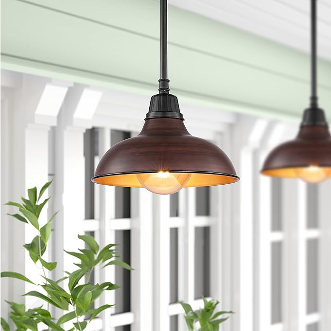 JONATHAN Y 12.25 Wood Finish/Copper Farmhouse Indoor/Outdoor LED Pendant Iron Hanging Light and Black 1-Light Metal Shade Rustic Ceiling Lamp for Kitchen Island LED Bulb Included (JYL7611G)