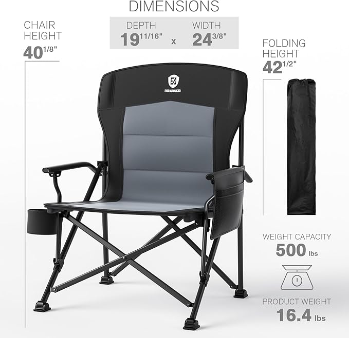EVER ADVANCED Oversized Folding Camping Chair for Adults Heavy Duty Lawn Chair with Side Pockets Portable Collapsible Quad Chair for Outside Support Up to 500lbs Black 2PACK